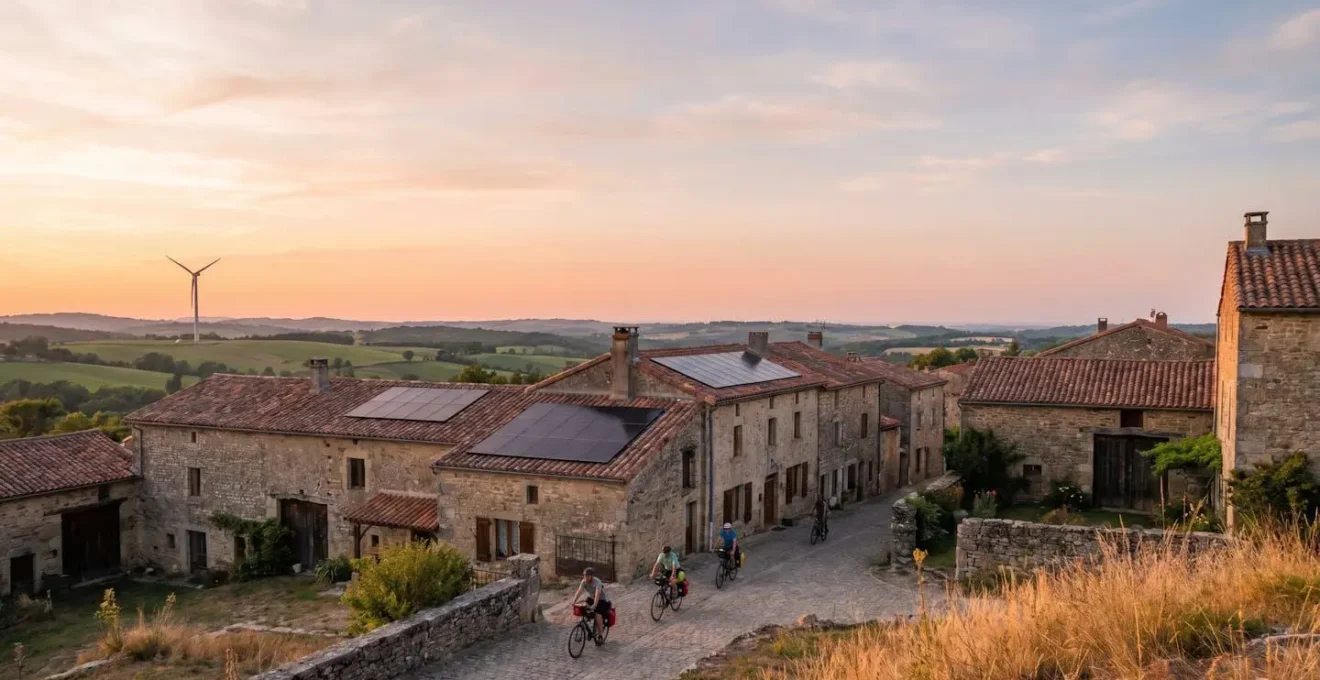 Vue d'ensemble d'un village français authentique avec hébergement touristique éco-responsable et énergies renouvelables intégrées