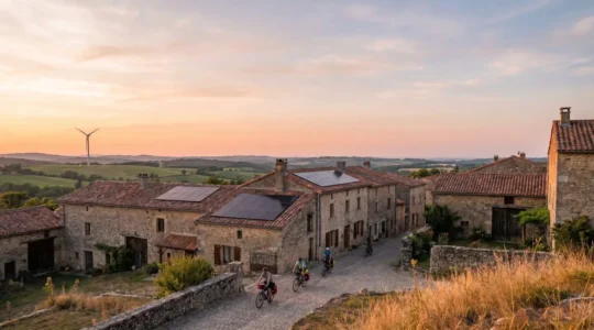 Vue d'ensemble d'un village français authentique avec hébergement touristique éco-responsable et énergies renouvelables intégrées