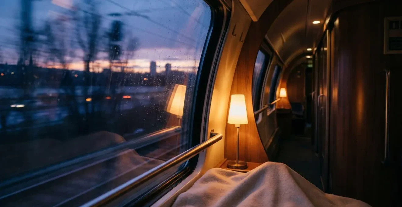 Vue depuis la fenêtre d'un train de nuit traversant l'Europe, avec couchette visible au premier plan et paysage nocturne extérieur