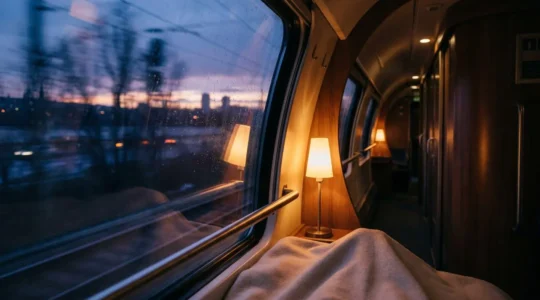 Vue depuis la fenêtre d'un train de nuit traversant l'Europe, avec couchette visible au premier plan et paysage nocturne extérieur