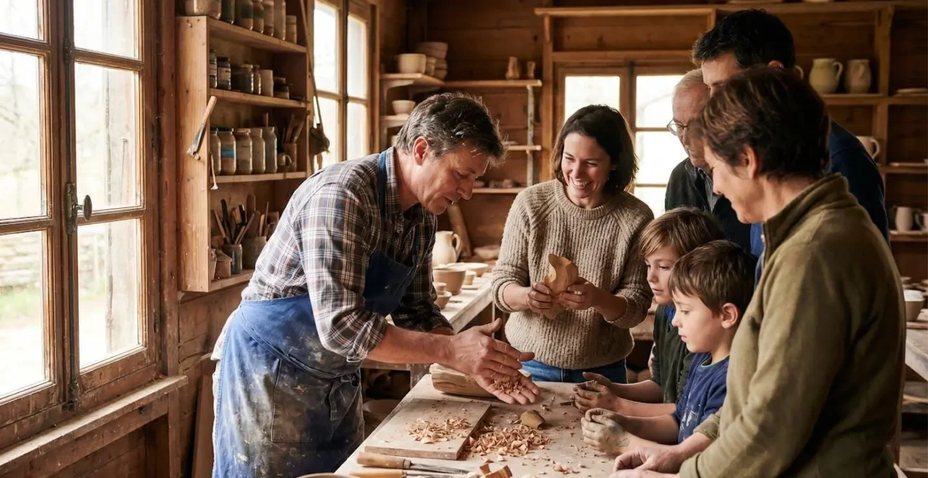 Scène de vie authentique dans un village de vacances solidaire illustrant la rencontre et l'échange entre vacanciers et salariés en insertion