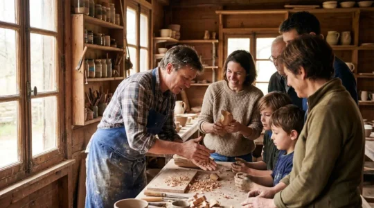 Scène de vie authentique dans un village de vacances solidaire illustrant la rencontre et l'échange entre vacanciers et salariés en insertion