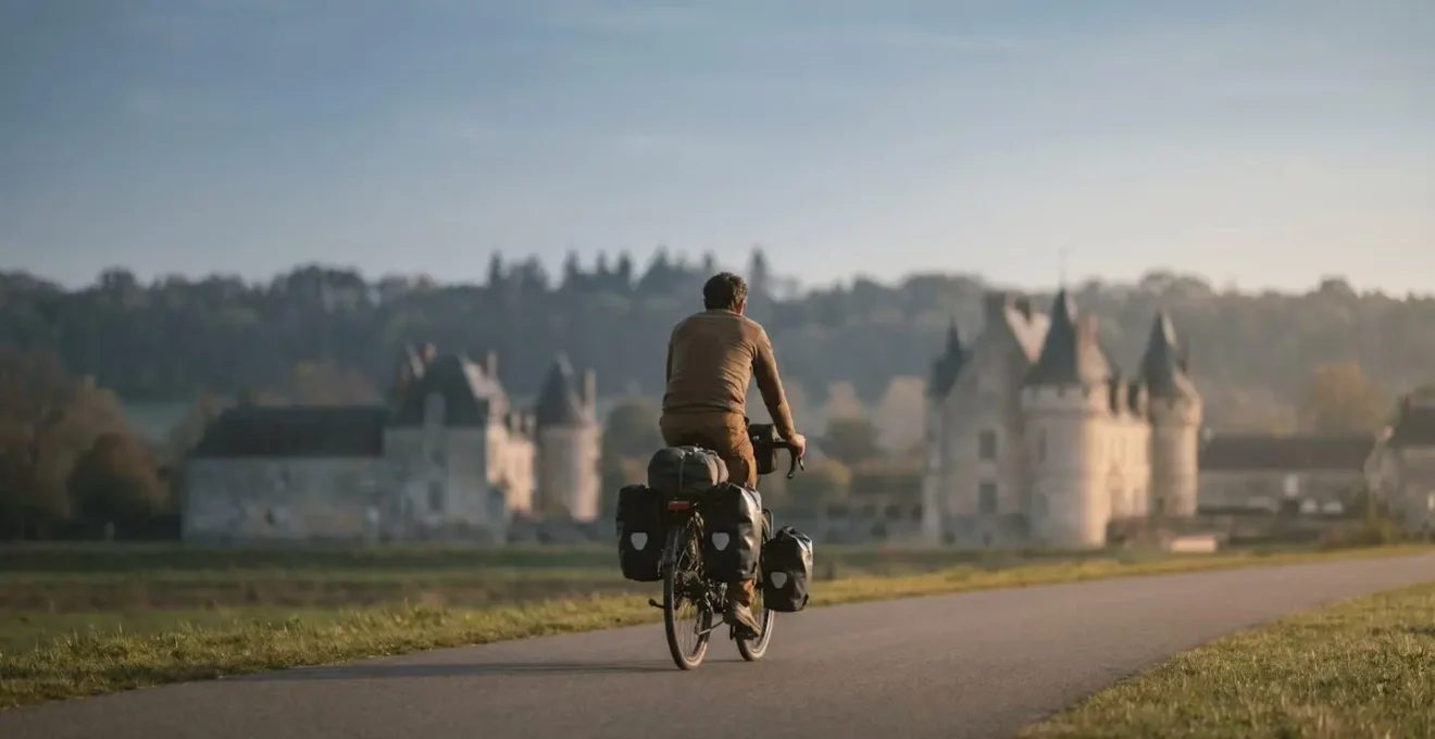 Cycliste équipé de sacoches pédalant sur une piste cyclable bordée de châteaux de la Loire en France