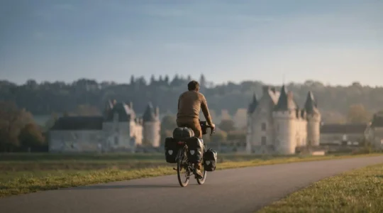Cycliste équipé de sacoches pédalant sur une piste cyclable bordée de châteaux de la Loire en France