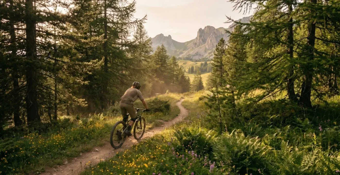 VTTiste roulant sur un sentier de montagne en respectant la trajectoire balisée