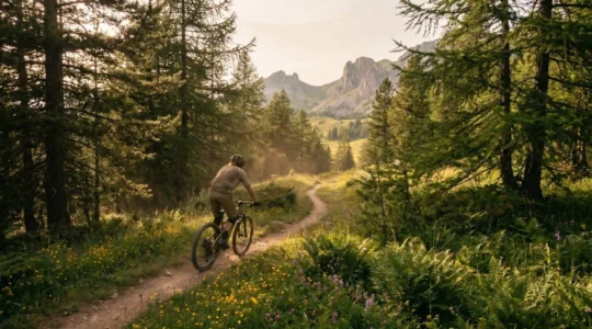 VTTiste roulant sur un sentier de montagne en respectant la trajectoire balisée